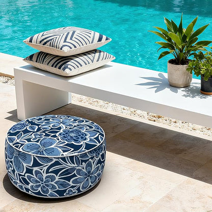 LVTXIII Indoor/Outdoor Inflatable Ottoman with Handle D21 x H9 Inch, Weather-Resistant Round Footstool Pouf for Patio Camping Living Room, Portable Footrest Extra Seating, Flower Navy