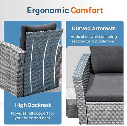 Wisteria Lane 5 Piece Patio Furniture Set, Wicker Outdoor Patio Conversation Furniture Set, All Weather Outdoor Patio Sofa with Cushion and Glass Table, Dark Grey