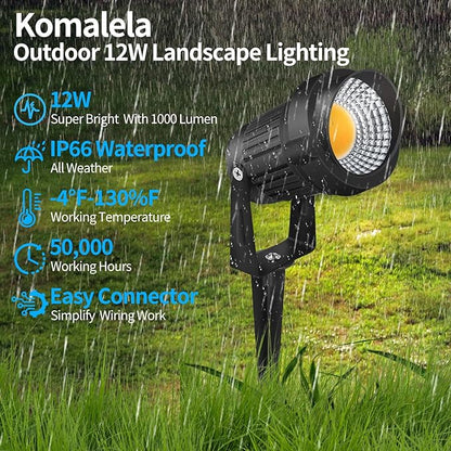 12W LED Landscape Lights Low Voltage, 3000K Warm White 12V AC/DC Waterproof Outdoor Spotlights, IP65 Garden Pathway Lights with 12 Spike Stands for Tree Garden Yard Pathway (12 Pack)