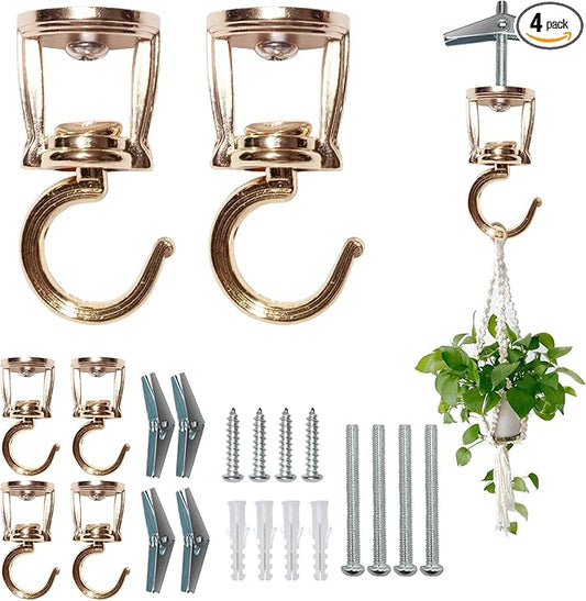 ONIKK Ceiling Hooks for Hanging Plants (4 PCS Gold), Heavy Duty Metal Plant Hooks, Screw in Hooks for Hanging Birdfeeders, Lamps, Planters, Indoor Outdoor Wall Baskets Hooks up to 33 lbs
