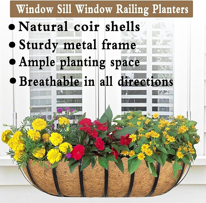2pack 36-inch Window Sill Window Railing Planters with Cocoa Liner for Outdoor Balconies, Porches, Fences, Patio Railings