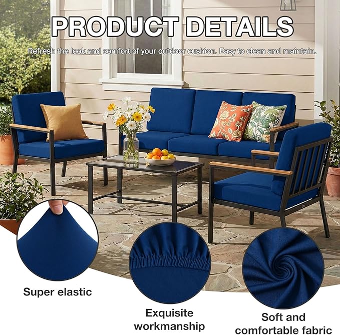 Cushion Covers, 8-Piece Navy Stretch Set with Non-Slip Straps
