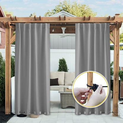 NICETOWN 2 Panels Waterproof Outdoor Curtains Fixed Grommet & Back Tab on Top & Bottom, Thermal Insulated Keep Rain & Sun Out Blackout Windpoorf Outdoor Draperies with Rope, W52 by L84, Silver Grey
