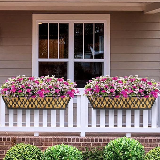 4 Pack 16 Inch Window Boxes Planters Railing Planter Box with Adjustable Brackets for Porch Fence Patio Balcony Hanging Flower Baskets with Coco Liners for Outdoor Garden Decor - Black