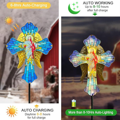 Solar Jesus Cross for Gemetery Graver,Golden Angel Wings,Grave Decorations for Cemetery,Sympathy Memorial Gifts,Christmas Yard Decor Outdoor