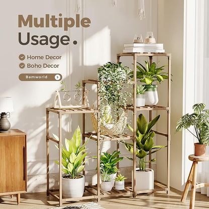 Bamworld Tall Plant Stand Indoor Wood Shelf Outdoor Tiered Rack for Multiple Flowers 5-Tier 7-Pot Ladder Holder for Plant Pots Gardening Decor