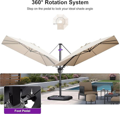 PURPLE LEAF 9' X 12' Right-left Tilt Patio Umbrella with Base Outdoor Cantilever Swivel Rectangle Umbrella Aluminum Offset Umbrella with 360-degree Rotation for Garden Deck Pool Patio Beige