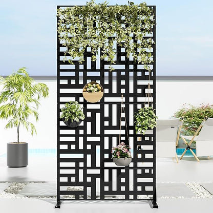 Casaphoria 72" H x 35" W Metal Privacy Screen, Outdoor Freestanding Decorative Divider for Patio, Deck, Balcony, and Garden with Stable Base, Black-Helen