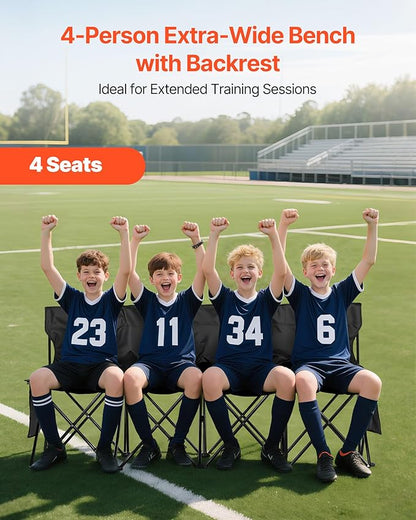 VEVOR Portable Folding Bench, 4 Seat Foldable Soccer Bench with Side Pockets and Carrying Bag, Lightweight Sideline Seating with Back Rest for Football, Baseball, Camping, Outdoor Events, Black