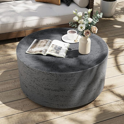 UPHA Outdoor Round Coffee Table, Small Modern Minimalist Accent Tables, Low Light Concrete Center Table for Living Room, Outside Patio, Deck, 28×28×13, Dark Grey