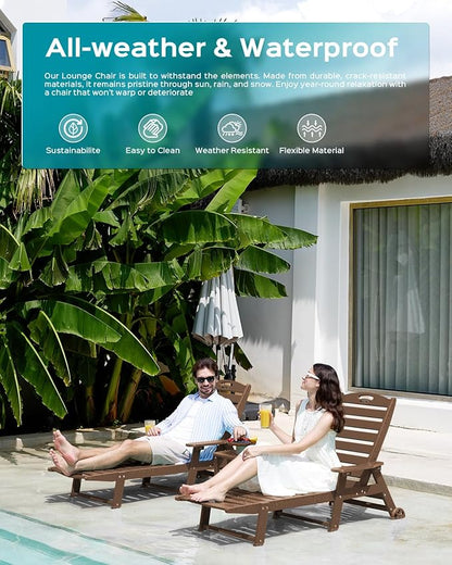 Ciokea Outdoor Lounge Chair Set of 4, All Weather Patio Chaise Lounge Chair for Outside, HDPE Chair with Rolling Wheels & Cup Holder, 5 Position, Deck, Pool, Dark Brown