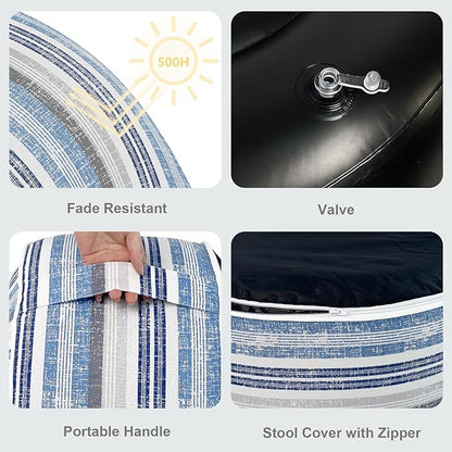 LVTXIII Inflatable Stool Ottoman Footrest with Handle, Decorative Fade-Resistant Foot Stool, Indoor or Outdoor Pouf for Home Garden and Camping Use, D21 x W 21 x H9, Stripe Layered Blue