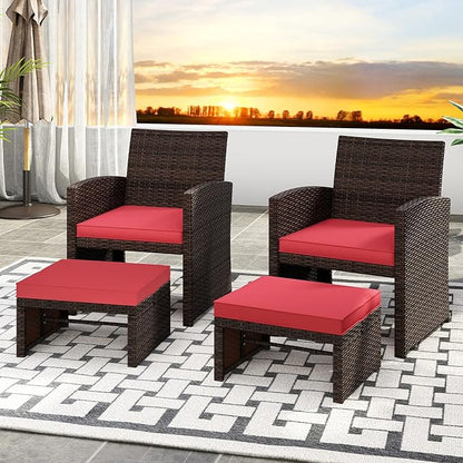 Tangkula 2 Pieces Patio PE Rattan Ottomans, Multipurpose Outdoor Footstool Footrest Additional Seating Side Table with Soft Zippered Cushions for Deck, Garden, Poolside and Yard (Red)