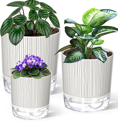 3 Pack Self Watering Pots for Indoor Plants, 4+5.5+6.3 Inch Self Watering Plant Pots, Flower Pots with Wick Rope and Reservoir - Black Stripes
