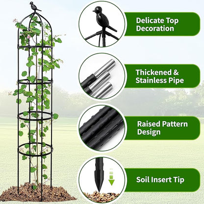 2-Pack 6FT Garden Obelisk Trellis for Climbing Plants,Adjustable 4-Tier Metal Plant Support,Rustproof Outdoor Plant Tower with 3 Decorative Tops for Roses,Tomatoes,Clematis & Vines,Black