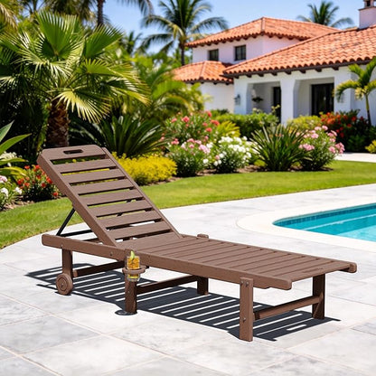 SERWALL Patio Chaise Lounge, HDPE Outdoor Lounge Chair with Cup Holder, 5 Positions Adjustable Poly Lounger with Rolling Wheels for Poolside, Deck, Sunbathing, Brown