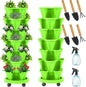 Umigy 2 Set of 7 Tier Vertical Planter Stackable Tower Planters Strawberry Herb Flower and Vegetable Pots Indoor Outdoor Gardening Pots with Removable Wheels and Tools(Light Green)