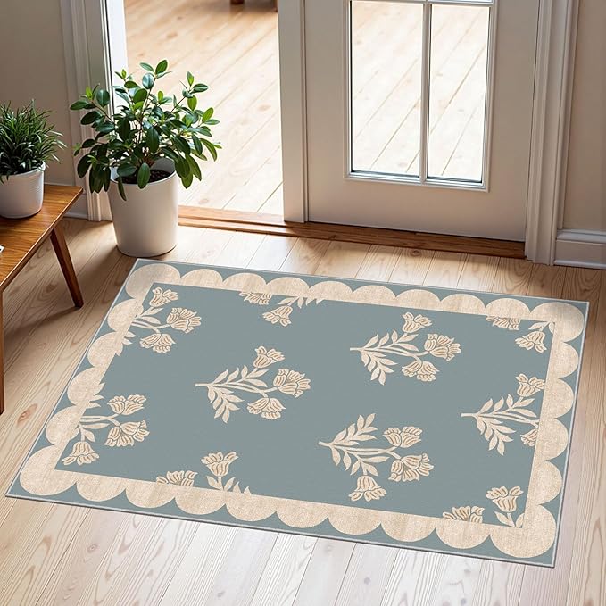 Outdoor Rugs Floral Scalloped Edge Non-Slip Door Mat, Blue 2x3