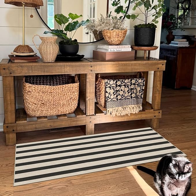Outdoor Rug Door Mat, Black and White Stripe, 2 x 4.3 ft