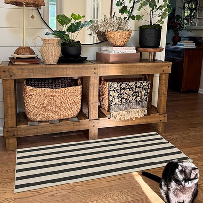 Outdoor Rug Door Mat, Black and White Stripe, 2 x 4.3 ft