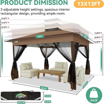 COBIZI 13x13 FT Pop up Gazebo on Clearance - Outdoor pop up Canopy Tent,carpas para Patio, Shelter - Screen Tents with Portable Carry Bag, Patio Gazebos for Camping,Garden,Deck,Backyard,Brown