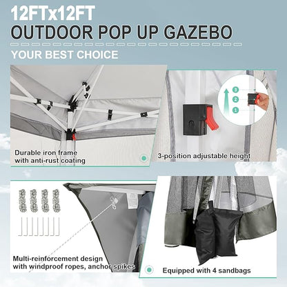 COBIZI 12x12 FT Pop up Gazebo on Clearance Outdoor pop up Canopy Tent,carpas para Patio, Shelter Tents with Sandbags & Portable Carry Bag, Patio Gazebos for Camping, Garden & Lawn, Darkgrey(Upgraded)