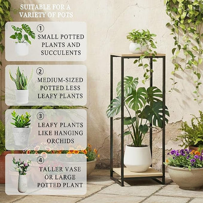 34" Tall Plant Stand Indoor, 2-Tier Modern Plant Shelf, Corner Flower Pot Holder Organizer for Living Room Balcony Patio Garden (Light Oak)