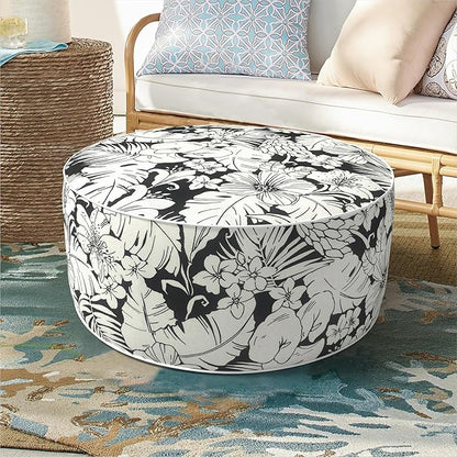Inflatable Ottoman Stool D21 xH9 for Outdoor/Indoor Use, Water Repellent Patio Foot Rest with Portable Handle,Round Pouf Ottoman Suitable for Garden,Deck and Camping-Tropical Blossom Noir