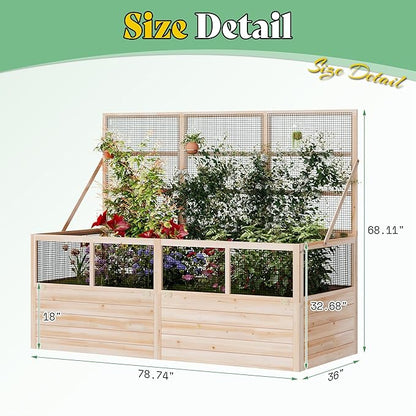 AMERLIFE Raised Garden Bed with Hinged Fencing and Trellis, 18 Inch Deepened Wood Planter Box, 2 PCS Flip-up Front Panel, Easy Assembly, Ideal for Seed Starting and Growing Vegetables & Fruits