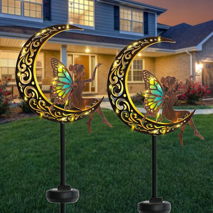 Afirst Solar Garden Lights Outdoor Decor Moon Fairy Stake Lights Waterproof Warm White LED Metal Stake Decor for Outdoor Pathway Yard Lawn Decoration Housewarming Mom Gifts 2 Pack