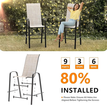 VINGLI Outdoor Bar Chairs Set of 8 – Stackable Outdoor Bar Stools with Sturdy Sling High Back and Armrests for Lawn, Courtyard, Garden, Bar, Yellow