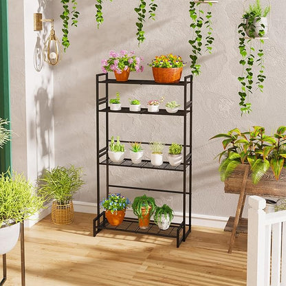 Garden 4 you 4 Tier Stair Style Large Metal Plant Stand Stackable, Garden Display Shelf Flower Pot Holder Storage Organizer Rack for Indoor Home Outdoor Patio Balcony Yard( Black,Rectangle)
