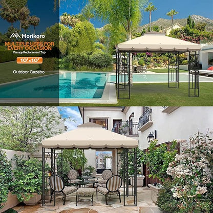 10x10 Canopy Replacement Top Double Tiered Gazebo Cover for Yard, Patio & Garden Durable Sunshade Replacement (BeigeBrown with lace)