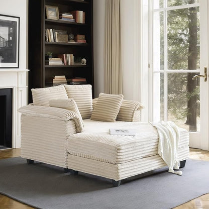 VINGLI 56" Oversized Chaise Lounge Chair, Beige Comfy Corduroy Chaise Sofa Recliner Bed Upholstered Sleeper Couch Bed with Throw Pillows and Armrests for Living Room, Movie Room, Bedroom