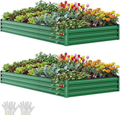 YITAHOME 8x4x1ft 2pcs Large Raised Garden Bed Kit, Galvanized Metal Planter Box with Gloves, Ground Nails & Safety Rubber, Outdoor Above Ground Planters for Plants Vegetables Flowers, Green