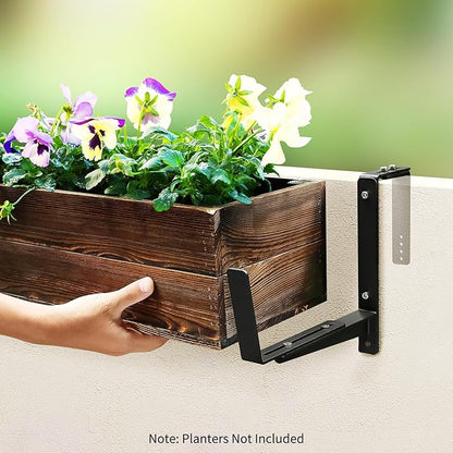 Window Box Brackets, Adjustable Planter Box Brackets, Heavy Duty Iron Flower Box Brackets for Railings, with Enhanced Bottom Support - Perfect for Balconies, Fences, and Gardens (Black, 6 Pack)