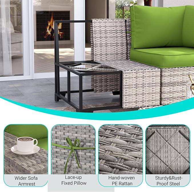 10-Piece Outdoor Patio Furniture Set with Rocking Swivel Chair, PE Wicker Rattan Sectional Sofa Patio Conversation Set with 55,000 BTU Fire Pit Table & Coffee Table, Avocado Green
