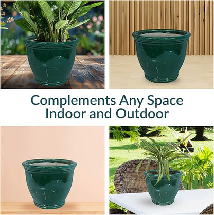 Sunnydaze Large Ceramic Plant Pot - Round Outdoor Glazed Ceramic Planter Pot with Drainage - Studio - Dark Green - 15"