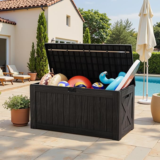 Deck Box, 120 Gallon Resin Outdoor Storage Container with Lid in Black