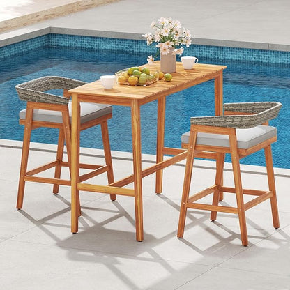 Tangkula 3 Piece Patio Bar Set, Outdoor Acacia Wood Counter Height Table with 2 Cushioned Barstools with Curved Rattan Back and Footrest, for Backyard, Poolside, Balcony