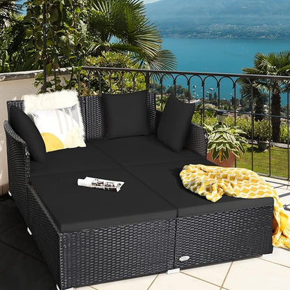 HAPPYGRILL Patio Rattan Daybed Outdoor Loveseat Sofa Set with Padded Cushion Pillows and Sturdy Aluminum Foot Wicker Patio Furniture for Garden Porch Poolside