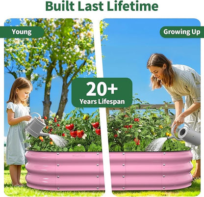 Kesfitt Raised Garden Bed, 4x2x1 FT Galvanized Steel Metal Raised Garden Bed, Oval Open-Bottom Design, 12-Inch Deep for Outdoor Vegetable & Herb Gardening, Blushing Pink