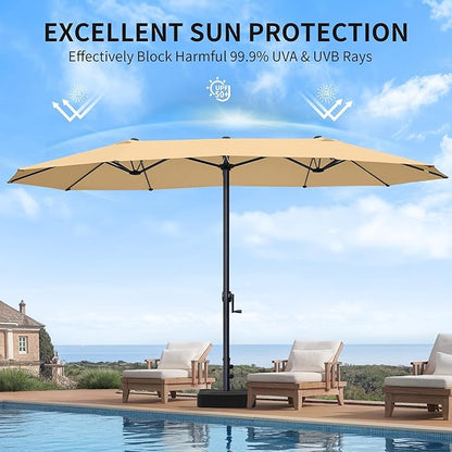 OLILAWN Patio Table Umbrella, 15ft Large Deck Umbrella with Base Included, Outdoor Double-Sided Rectangle Market Umbrella with Aluminium Crank, 12 Sturdy Ribs, for Deck Porch Garden, Cream