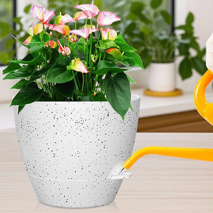 12 Inch Large Self Watering Pots, Flower Pots with Multi-Mesh Drainage Holes and Saucer, Planters for Indoor and Outdoor Garden Plants (Speckled White)