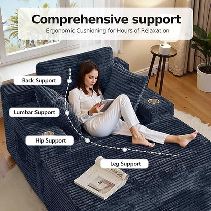 CHORRO67 Chaise Lounge Chair Indoor,Oversized Boneless Single Sleeeper Couch Bed,Corduroy Cloud Sofa with 3 Soft Pillows for Livingroom,Bedroom,No Assembly (Grey)