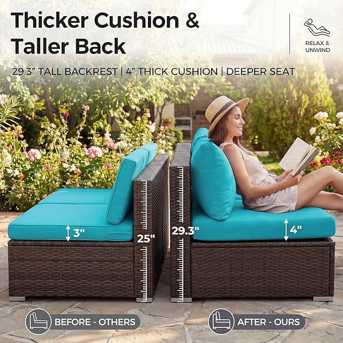 NICESOUL 9 Piece Patio Sectional Set with Firepit Natural Gas/Propane, 29.3'' High Back Tall Big Outdoor Conversation Couch Sets, Wide Sitting Furniture for Outside, Brown Rattan and Teal Cushion