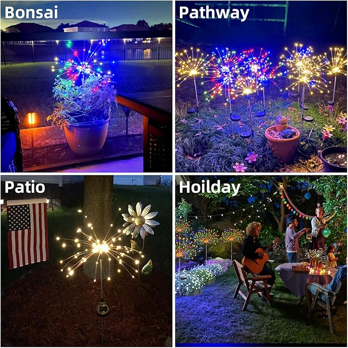 2 PCS Solar Firework Light, Outdoor Solar Garden Decorative Lights 120 LED Powered 40 Copper Wires String DIY Landscape Light for Walkway Pathway Backyard Christmas Decoration Parties (Warm White)