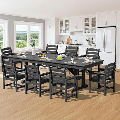 SERWALL 9 Piece Outdoor Dining Set, 84" HDPE Outdoor Table and Chairs for 8，All Weather Patio Furniture Set with Umbrella Hole for Backyard, Garden, Black