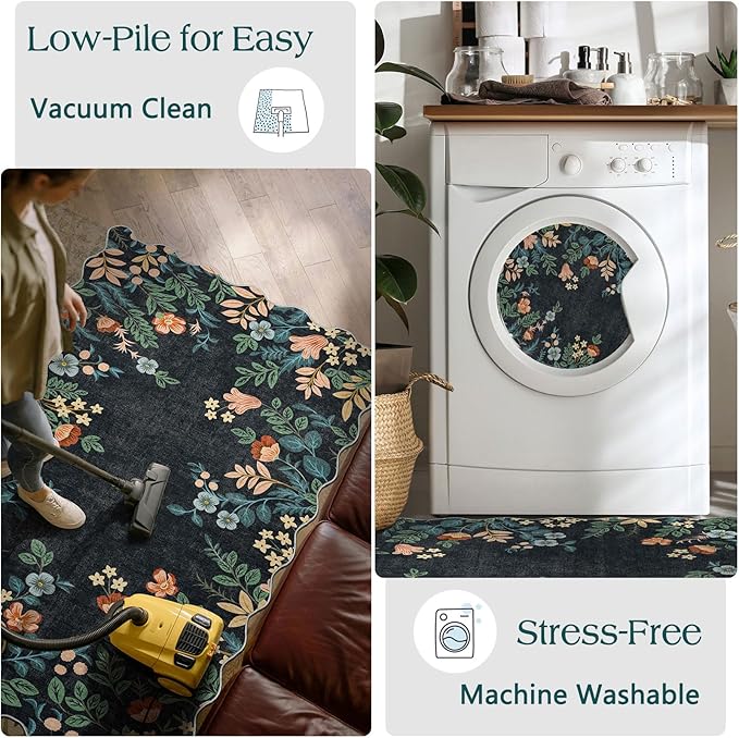 Outdoor Door Mat Boho Floral Non-Slip Black 2 x 4.3 Ft