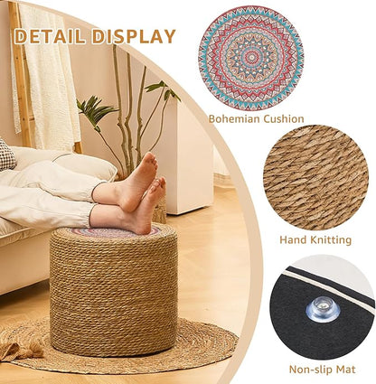Wimarsbon Round Pouf Ottomans, Handwoven Natural Water Hyacinth Seagrass Pouffe,Outdoor Rattan Stool Accent Seat, Bohemian Coastal Home Decor (18inch Natural Cattail-Boho 1)